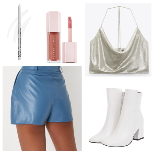 EDM concert outfit idea with leather shorts, silver crop top, white ankle boots, lip gloss, and white eyeliner