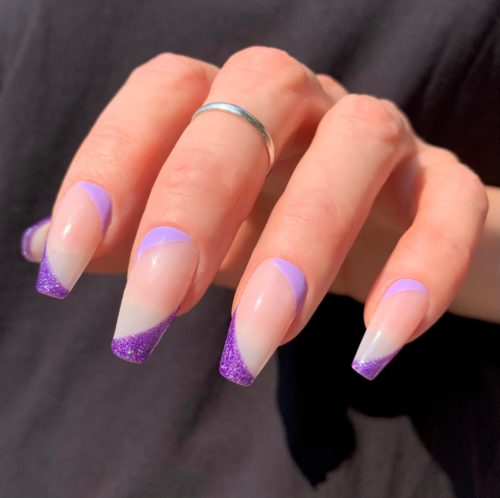 Elegant nude and purple swirl tip nails from Etsy