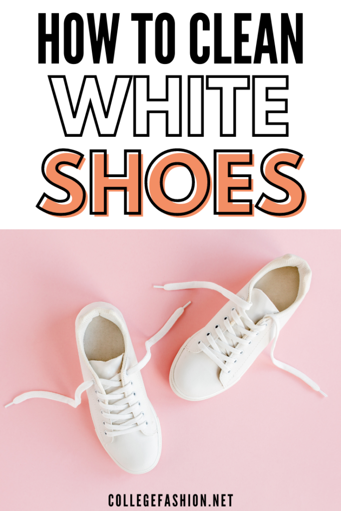 Header graphic for How to Clean White Shoes with text and picture of a pair of white sneakers on a pink background