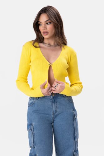 Adika Yellow Cardigan paired with high waisted jeans