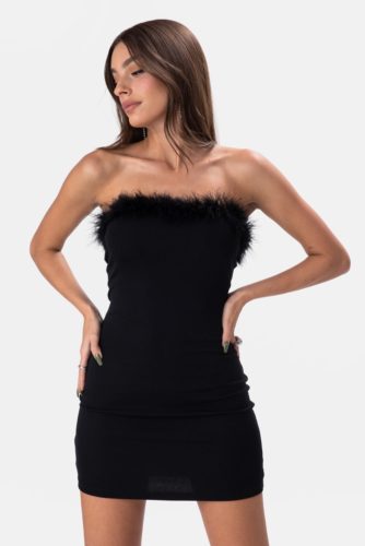 Adika strapless mini dress in black with feather detailing on top