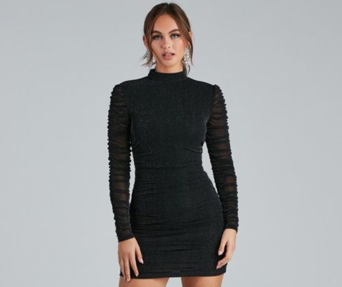 Windsor Mock Neck Ruched Dress with long sleeves