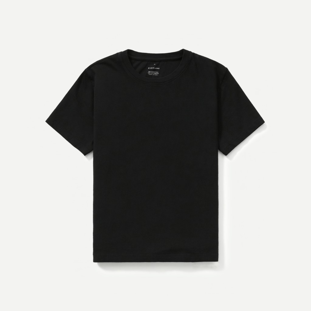 Everlane basic black t-shirt on a gray background