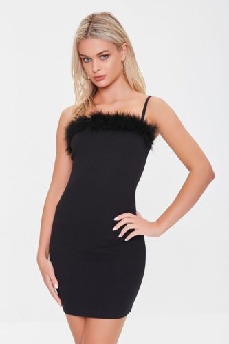 Forever 21 Faux Feather Trim Mini Dress in black - new years eve fashion