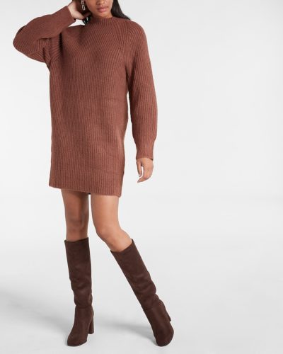 Cute and simple sweater dress outfit with brown oversized sweater dress and dark brown knee-high suede boots