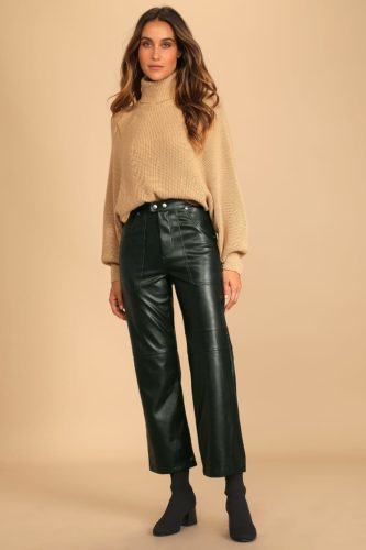 Cute winter outfit with faux leather pants in black, light brown turtleneck sweater, black sock booties