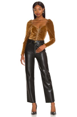 Winter party outfit with wide leg leather pants, velvet puff sleeve top, pointed toe heels