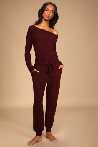 Lulus Lounge Jumpsuit in dark red with off the shoulder detail