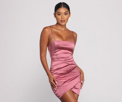 Windsor Pink satin wrap dress with spaghetti straps