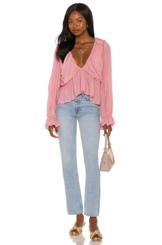 Revolve Pink Top and light wash jeans Valentine's Day outfit