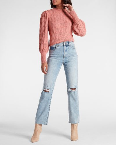 Express Pink Sweater with puff sleeves paired with ripped wide leg jeans and suede pointed toe boots
