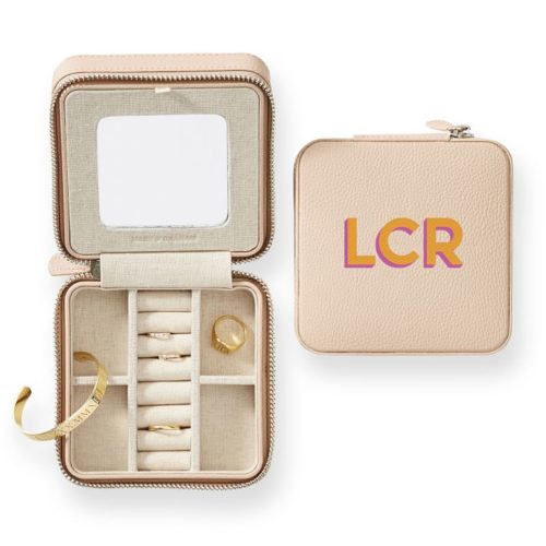 Mark and Graham personalized jewelry case in blush pink with the initials LCR monogrammed on it