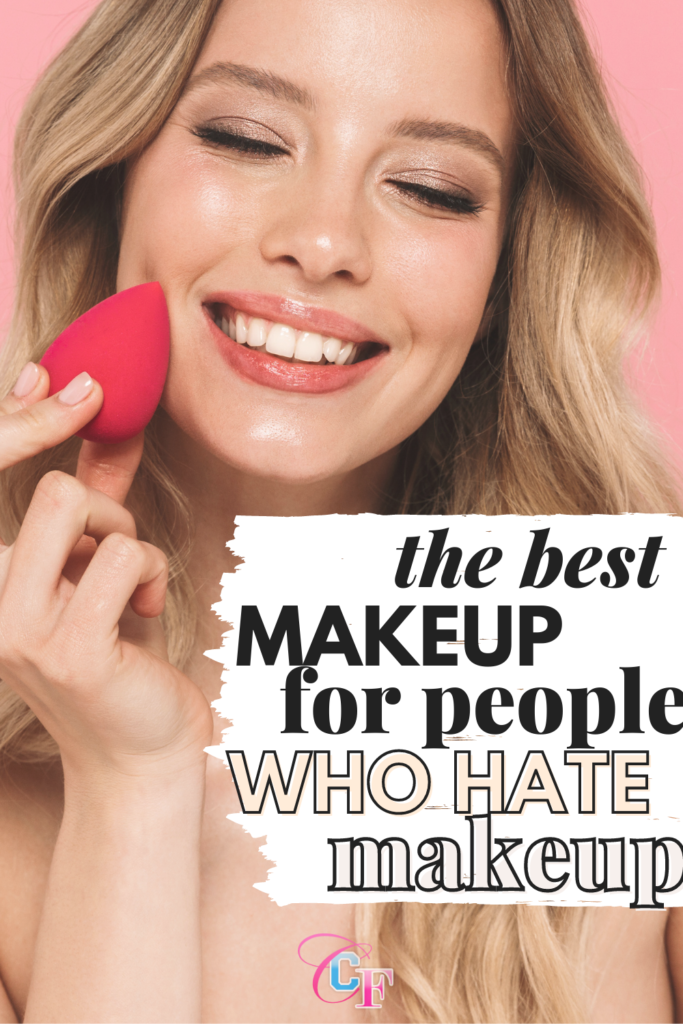 Image of a woman holding a beauty blender to her face and smiling with the text 