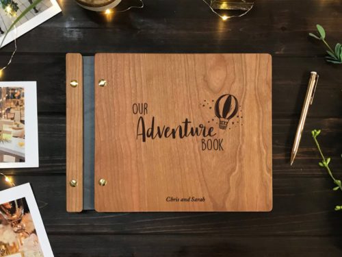 Our Adventure Book scrapbook gift with customized wooden cover