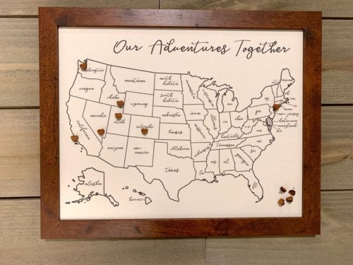 Our Adventures Together map of the USA with heart shaped push pins