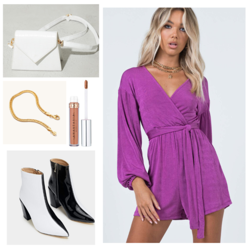 Pop concert outfit idea: Purple wrap romper, black and white ankle boots, white crossbody purse, gold necklace, nude lipstick