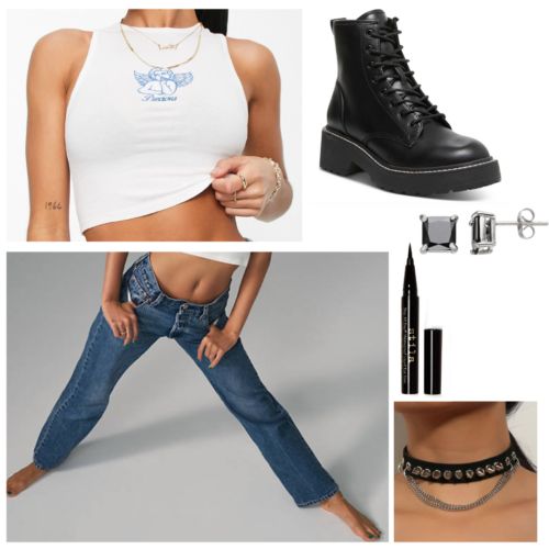 What to wear to a punk rock concert: Outfit idea with wide leg jeans, cropped graphic tank top, chunky black combat boots, stud earrings, studded choker, black liquid liner