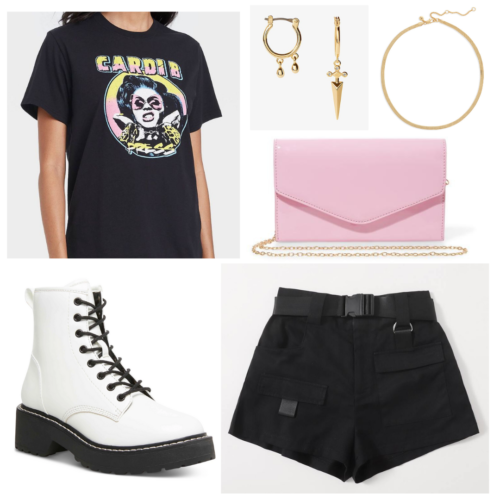 Hip hop concert outfit with black graphic tee, black shorts, white chunky combat boots, pink crossbody purse and gold jewelry