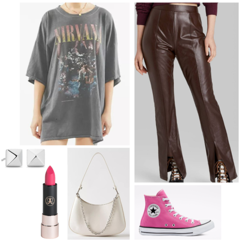 Rock concert outfit idea with oversized band tee, flared leather pants, stud earrings, pink Converse high-tops, mini purse, and pink lipstick