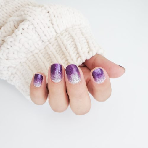 Short purple nails with glitter ombré effect