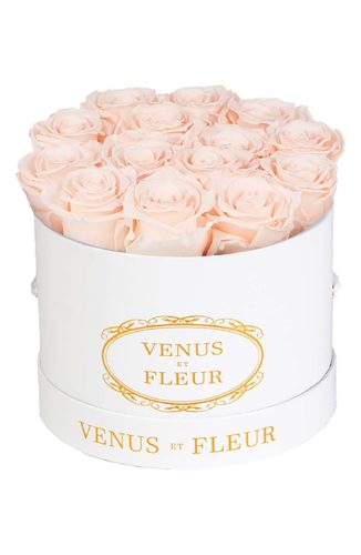 Venus Et Fleur preserved blush pink roses in a white round container