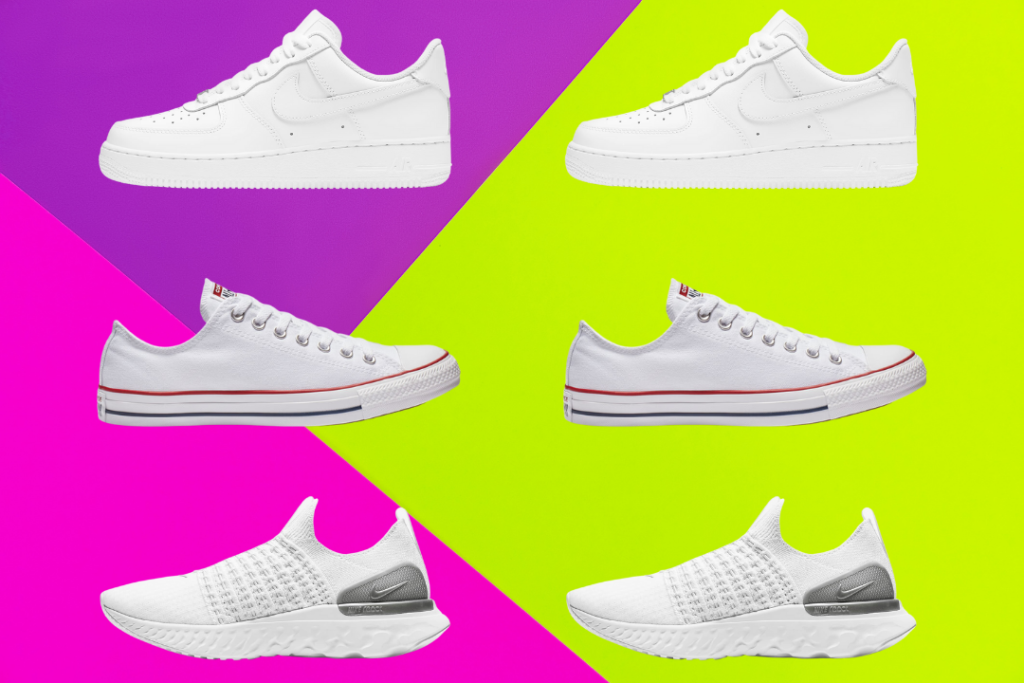 Roundup of white sneakers on a colorful background