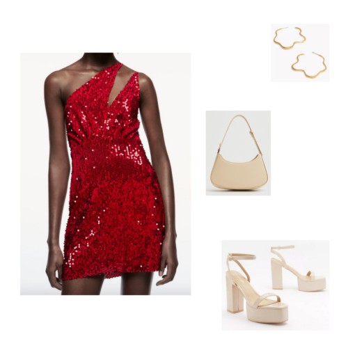 Christmas party outfit 1 - red one-shoulder sequin dress with shoulder cutout, gold hoop earrings, beige shoulder purse, platform beige chunky heels