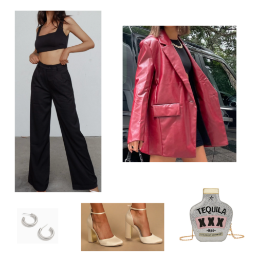 matching bra top and wide leg pants, oversized red leather blazer, chunky white pumps, tequila purse, silver hoops
