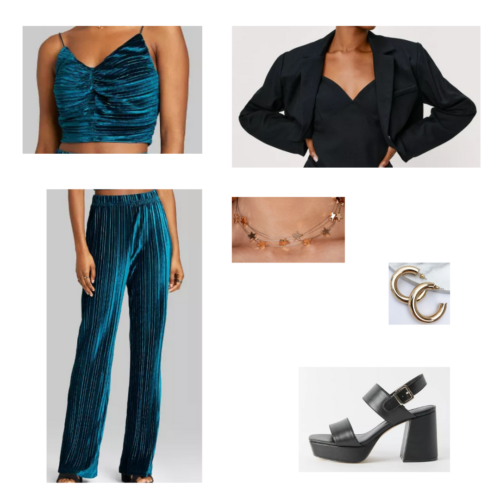 Christmas party outfit 13 - matching blue velvet crop top and pants set, cropped blazer jacket, gold star layered necklace