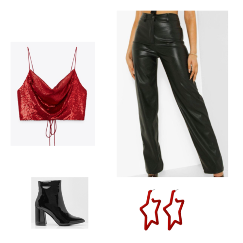 red sequin cropped cami top, baggy leather straight leg pants, chunky patent booties, red star hoop earrings