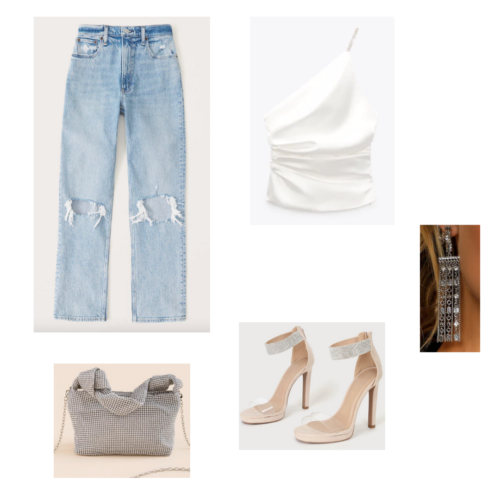Christmas party outfit 3 - white ruched one shoulder top, boyfriend jeans with distressed knees, silverchandelier earrings, sequin purse, nude heels