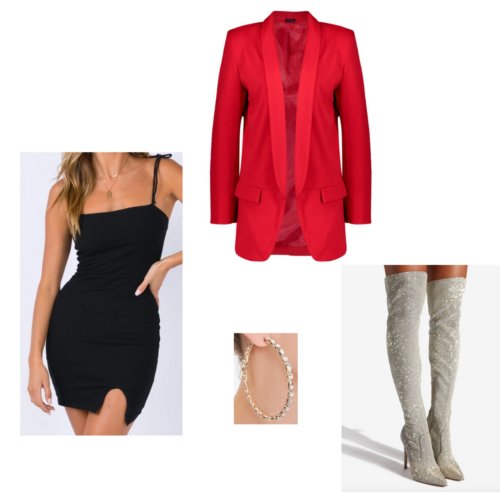 Christmas party outfit 5 - black bodycon LBD, red oversized blazer, sequin knee-high boots, hoop earrings