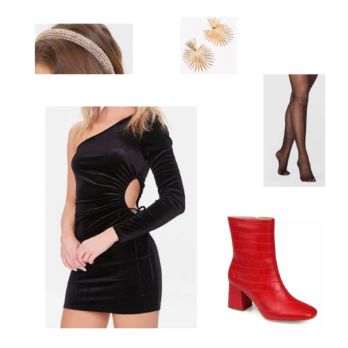 black one-sleeve dress, black sheer tights, red ankle booties, gold glittery headband