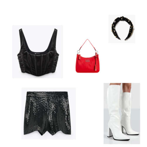 Christmas party outfit 7 - sequin black shorts, velvet bra top, white patent heeled tall boots, red purse