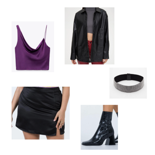 Christmas party outfit 9 - purple one-shoulder top, black miniskirt, black oversized shacket blazer, chunky ankle boots