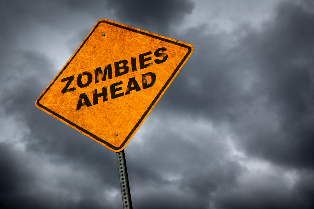 A signage marked Zombies Ahead