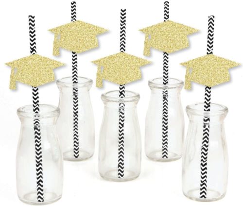 Graduation party straws in black and white chevron with gold glitter graduation caps