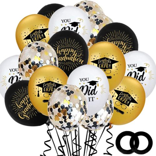Graduation balloons from amazon in black, gold, and white
