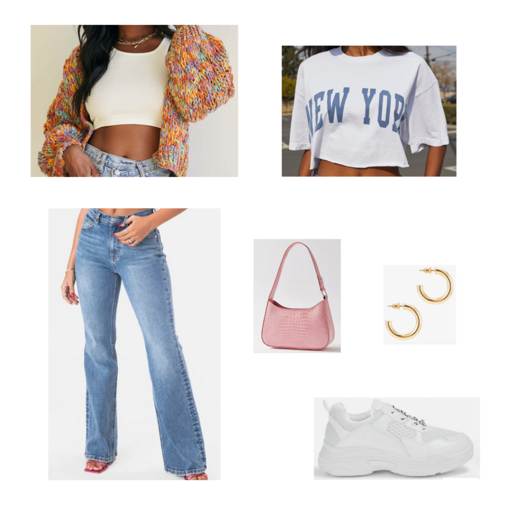 Outfit 1: New York oversized crop top tee, medium-wash bootcut jeans, chunky bright multicolored cardigan, pink crocodile shoulder bag, gold hoops - 90s styles clothes