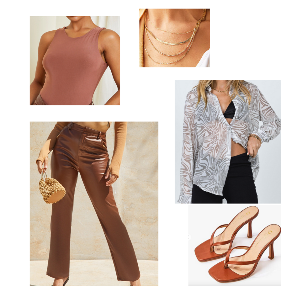 90s inspired clothing outfit 10: rose tank top, brown leather bootcut pants, brown heeled sandals, seethrough blouse, gold layered chokers