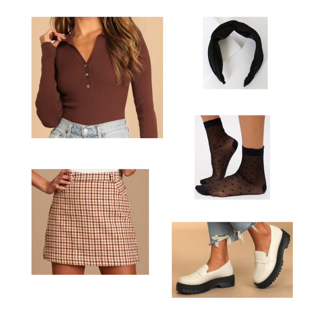 Outfit 11: brown collared henley, plaid miniskirt, white and black loafers, black sheer socks, black headband