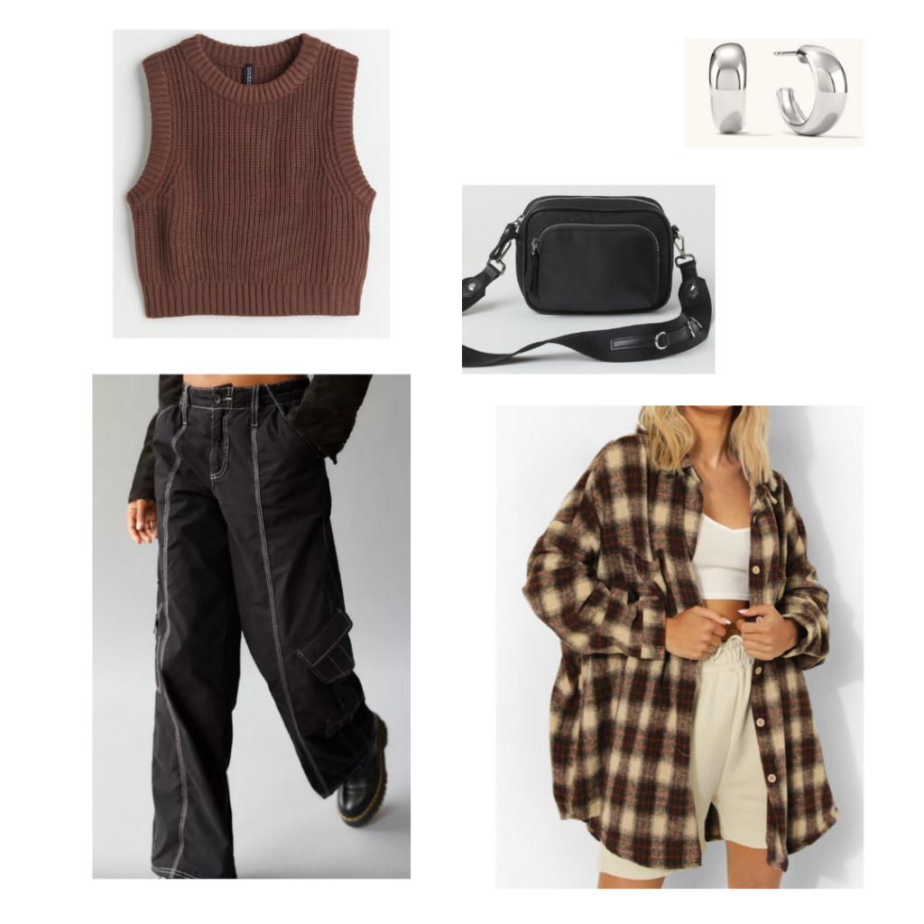90s inspired clothing outfit 11: cropped brown sweater vest, oversized brown plaid shacket, black baggy jeans, black purse