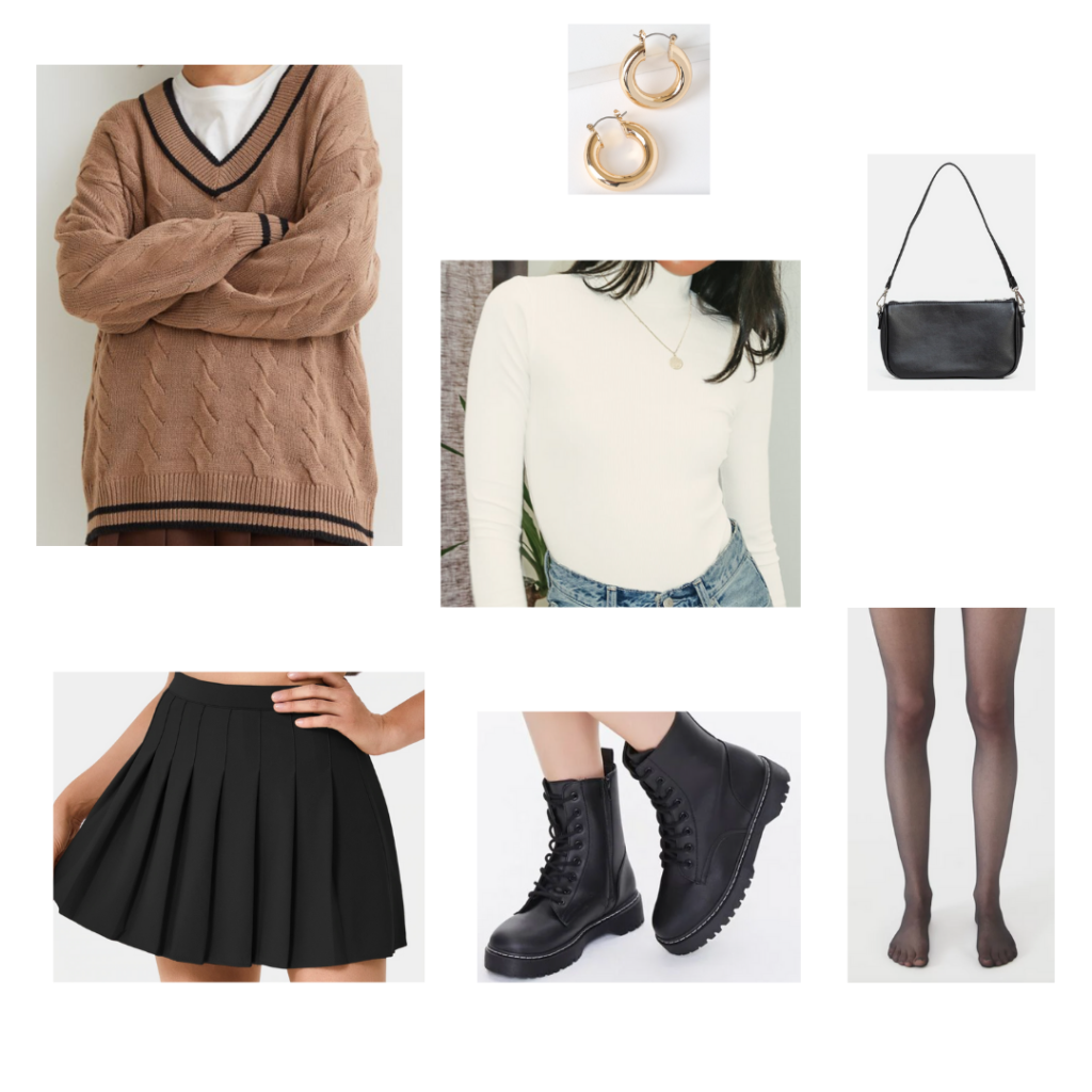 Outfit 13: white mockneck shirt, oversized brown varsity sweater, tights, combat boots, black pleated miniskirt, black shoulderbag