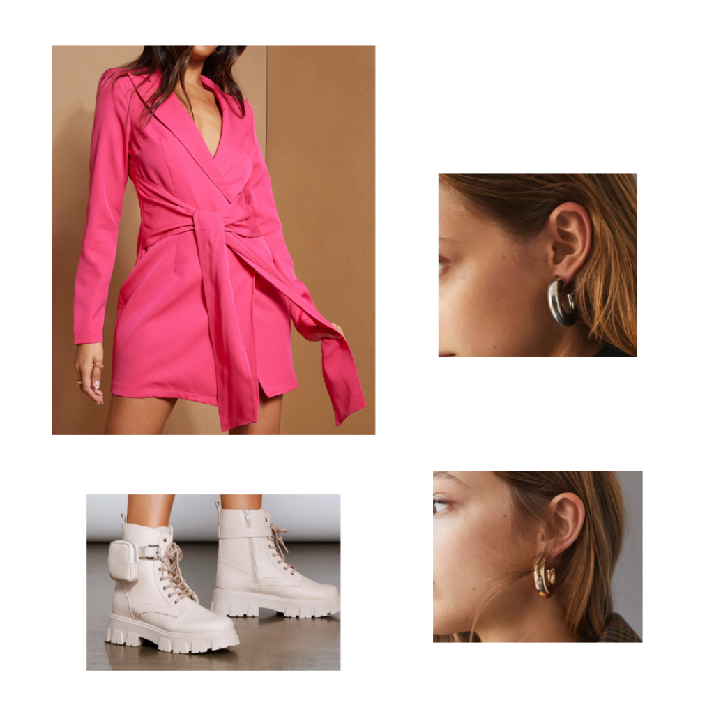 90s style clothing outfit 2: pink tuxedo blazer wrap dress, white chunky lug sole boots, chunky hoop earrings