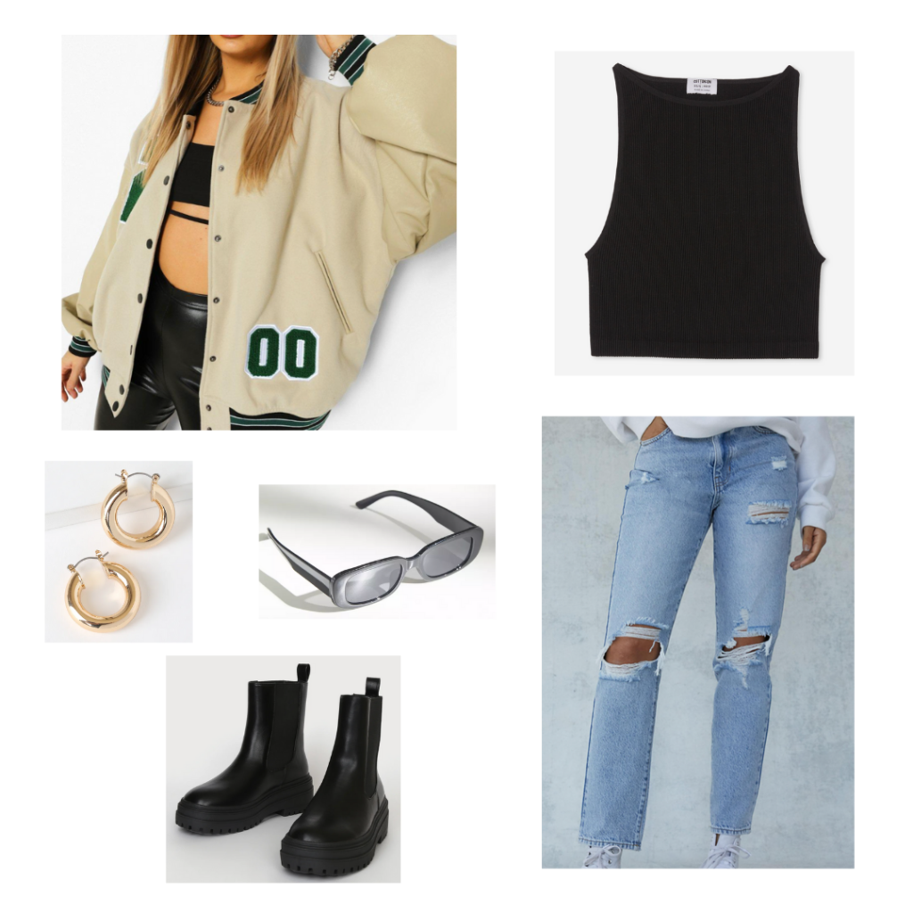 90s style clothing outfit 4: black crop tank, distressed mom jeans, oversized letterman bomber jacket, rectangular black sunglasses, chunky gold hoops, black chelsea boots - 90s styles clothes