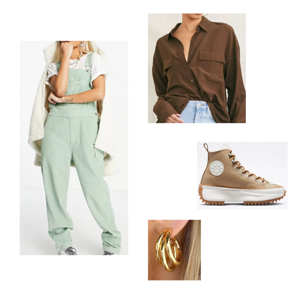 Outfit 5: brown button up blouse, mint green overalls, brown chunky converse, gold earrings