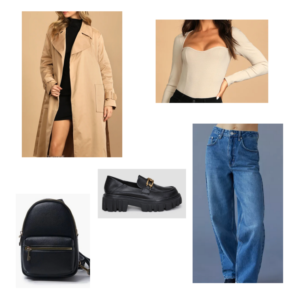90s style clothing outfit 6: tan sweetheart long sleeve top, chunky baggy jeans, oxford loafers with lug soles, long tan trench coat, black backpack purse