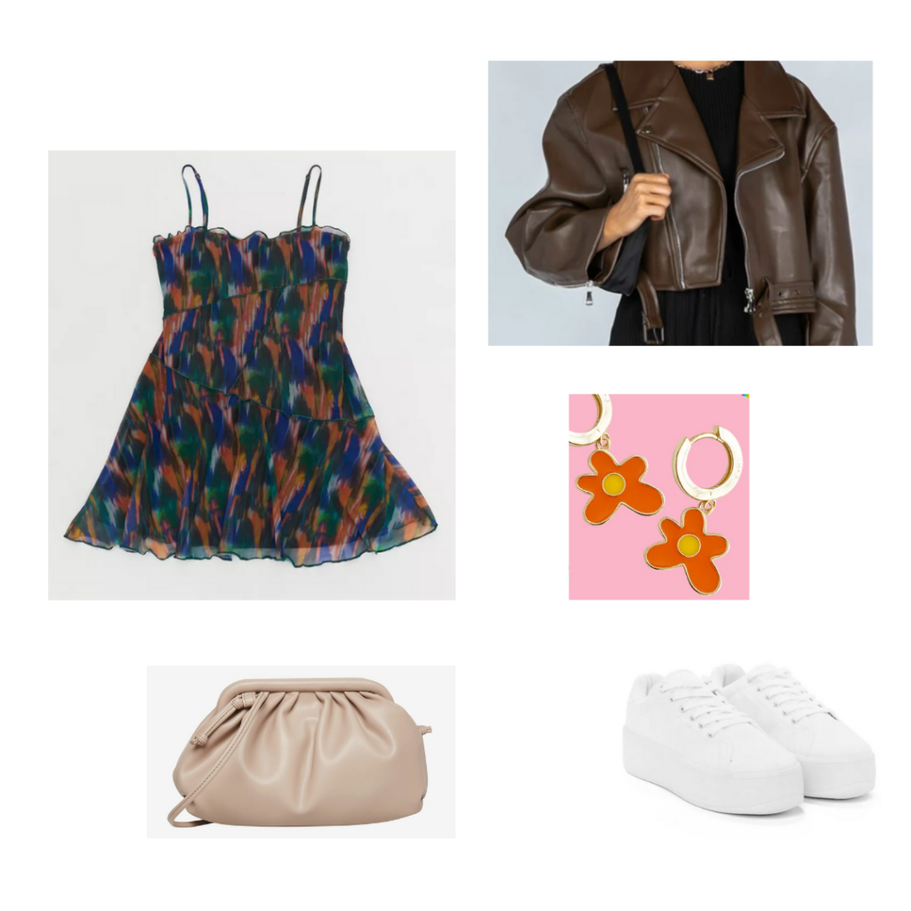 Outfit 7: orange, blue, and green patterned mini dress, chunky brown cropped motorcycle jacket, white sneakers, tan clutch, orange floral earrings