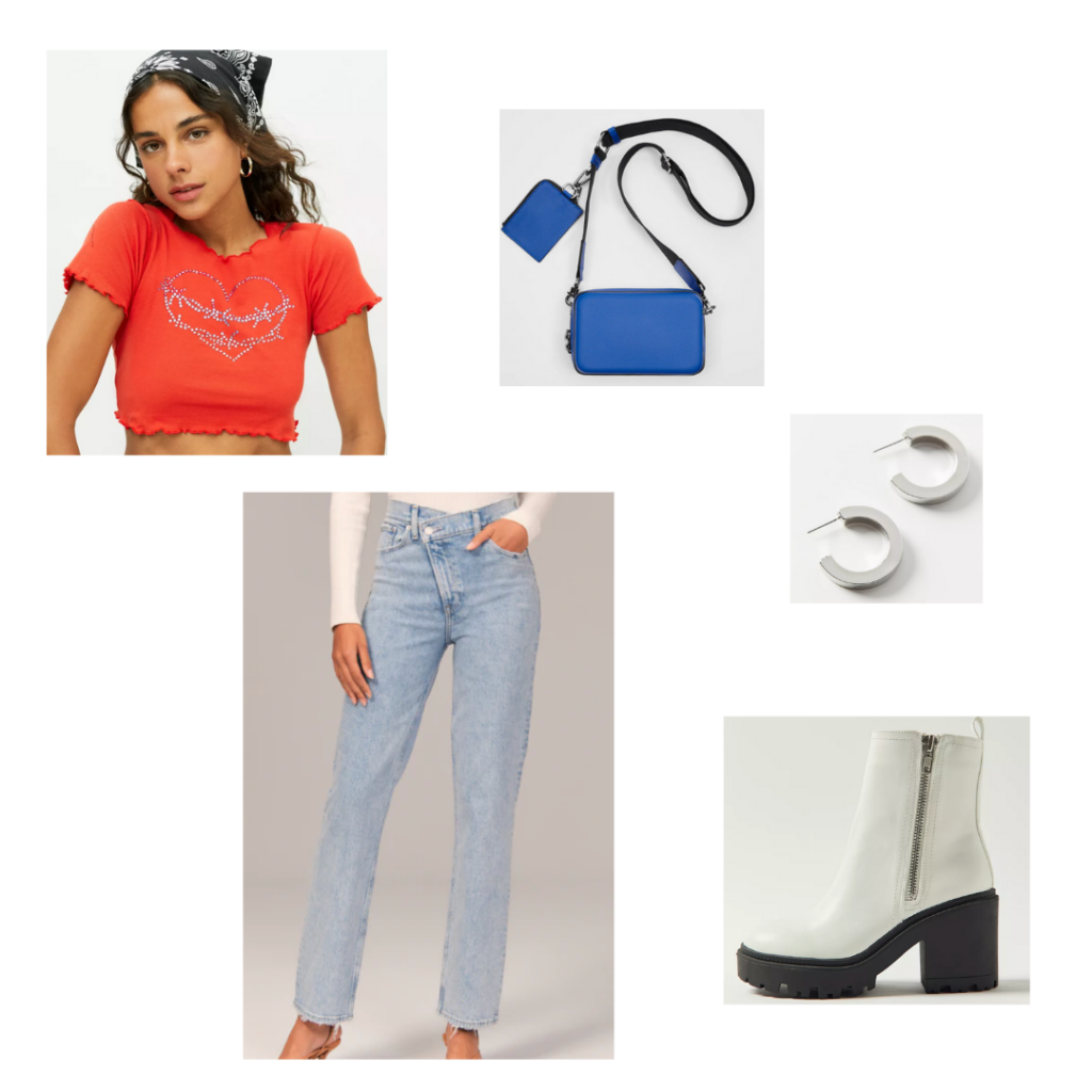 90s inspired clothing outfit 8: red rhinestone crop top with ruffled hemline, light wash jeans, white and black chunky heeled booties, blue purse, silver earrings
