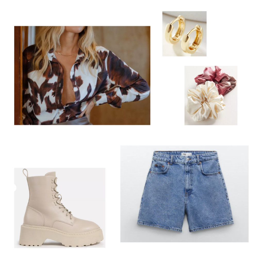 Outfit 9: cow print blouse, high-waisted medium wash denim shorts, off-white lace up chunky booties, scrunchies